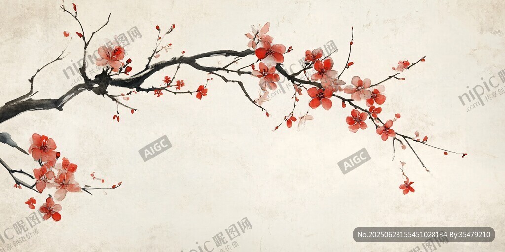 水墨紅梅枝頭綻