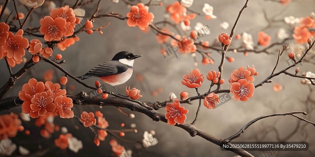枝頭俏鳥伴繁花
