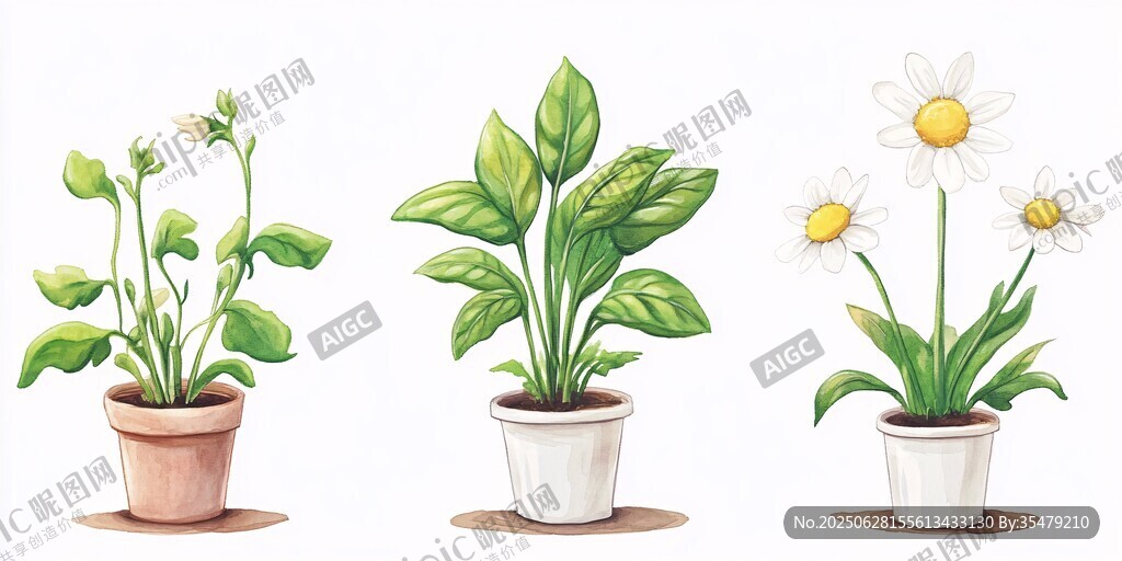 三盆可愛盆栽插畫