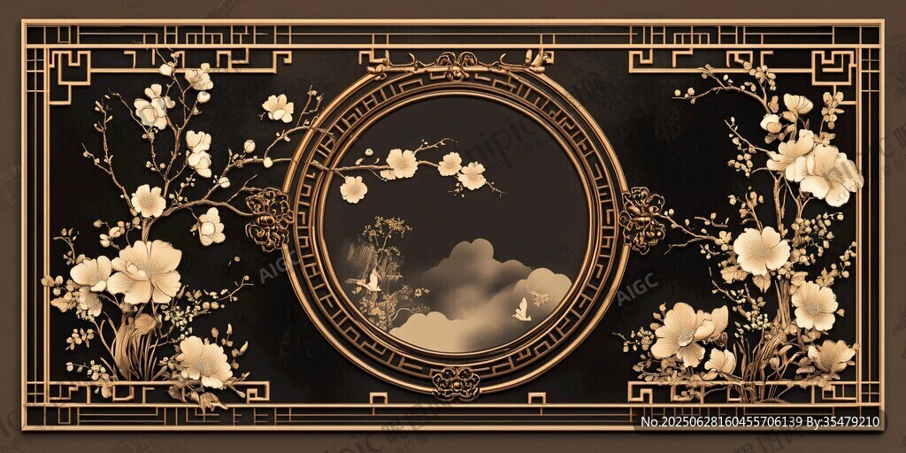 中式黑金花卉云紋裝飾畫