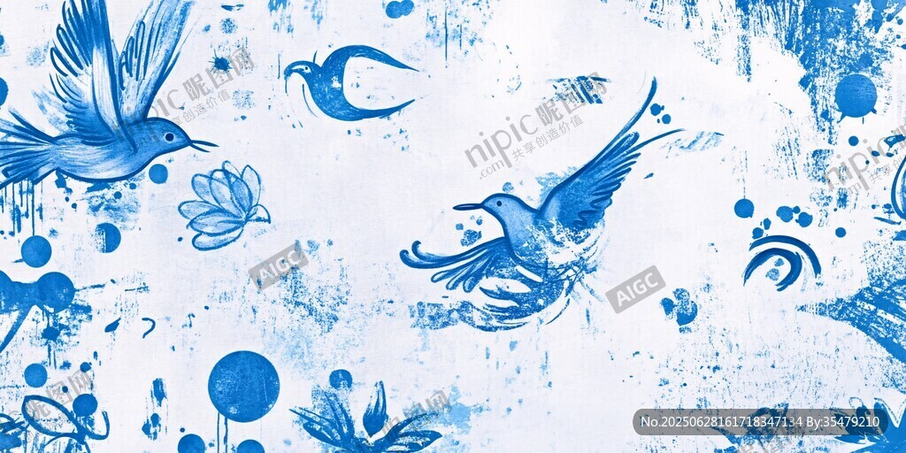 藍(lán)調(diào)花鳥(niǎo)涂鴉風(fēng)藝術(shù)背景圖