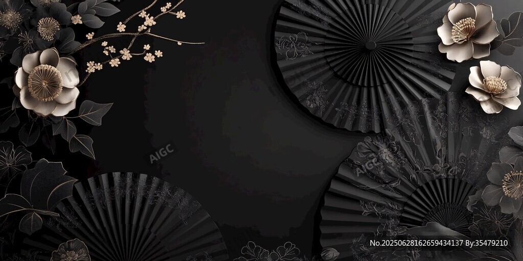 中式黑金風花卉折扇背景圖