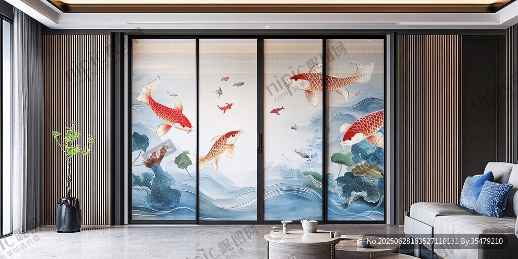 中式客廳的錦鯉藝術(shù)移門