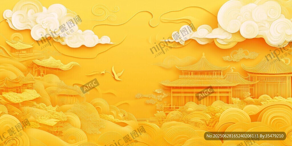 金色古風(fēng)云海中式建筑圖景