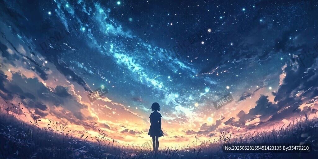 女孩仰望夢幻星空