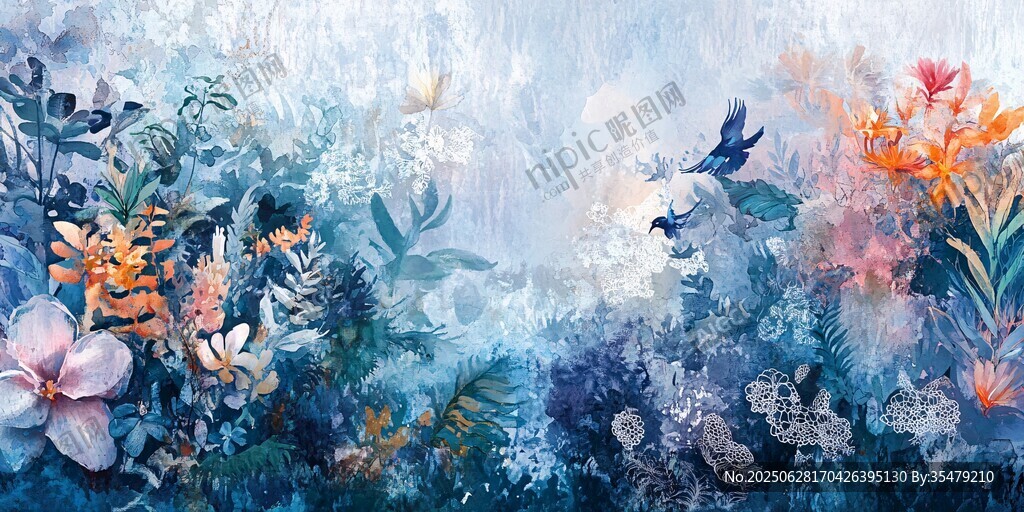 夢幻花卉與飛鳥的詩意場景