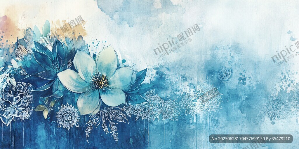 夢(mèng)幻藍(lán)調(diào)花卉水彩畫背景