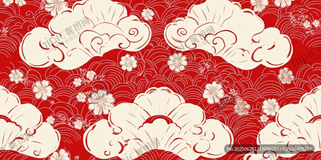 中式云紋花卉紅色背景圖案