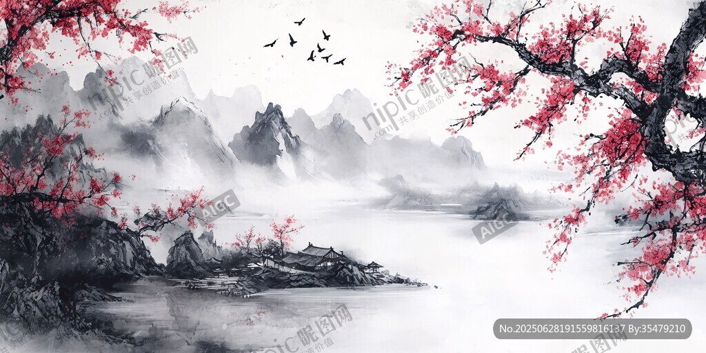 水墨山水間紅梅飛鳥圖
