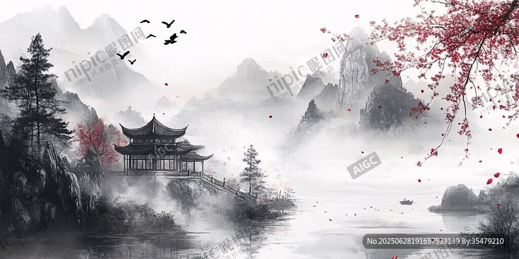 水墨山水間的古韻亭景
