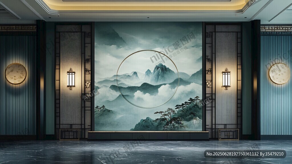 中式山水風大廳壁畫設計