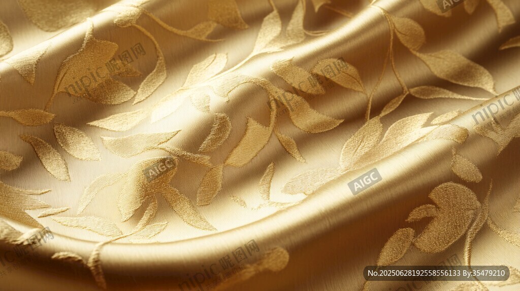 金色花紋絲綢布料特寫