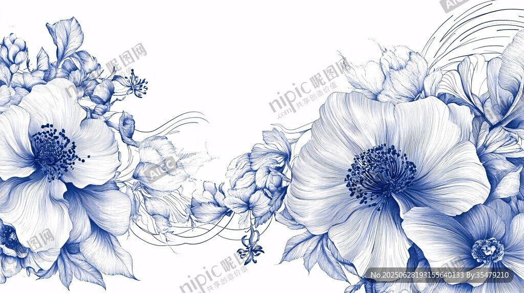 藍白花卉插畫 精致優雅