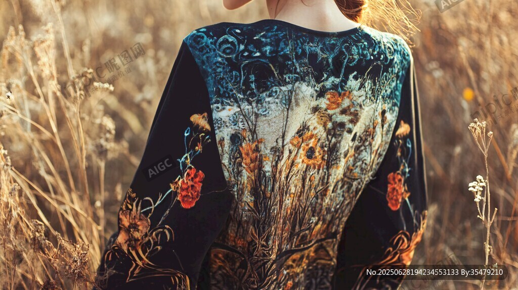 田野中身著精美刺繡服飾女子