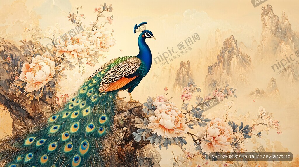 孔雀棲花圖 山水添雅韻