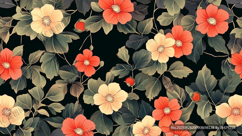 復(fù)古花卉圖案 黑底繁花