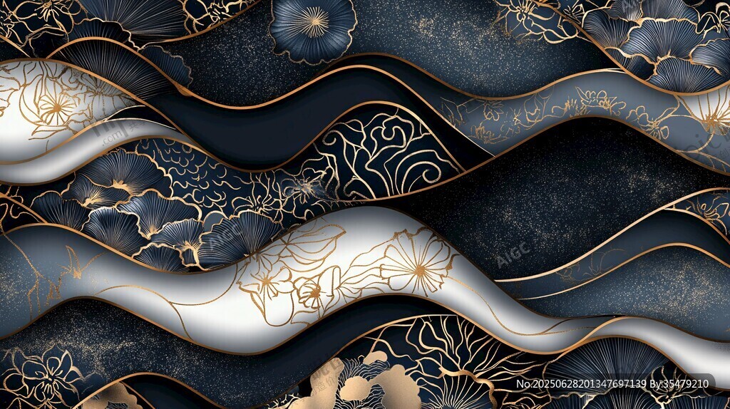 藍(lán)金中式海浪花卉紋理圖案