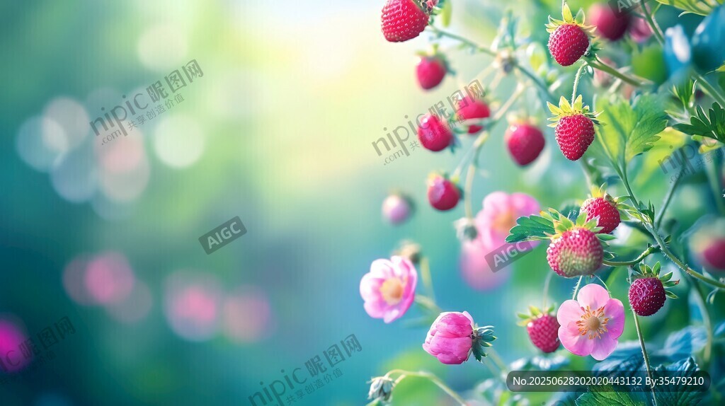 嬌艷草莓與粉嫩花朵同框
