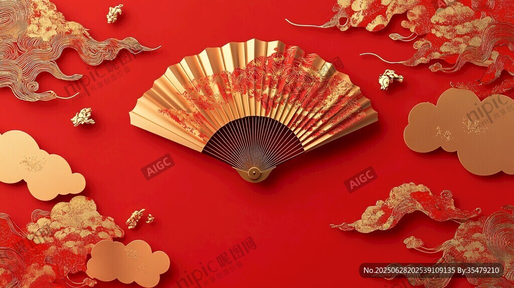 中式紅底金飾折扇喜慶畫面