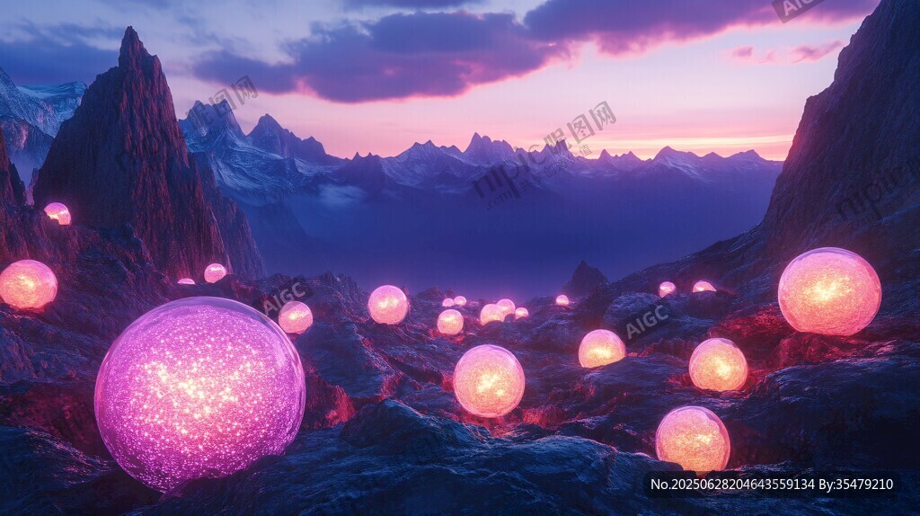 夢幻山間發光球體景觀
