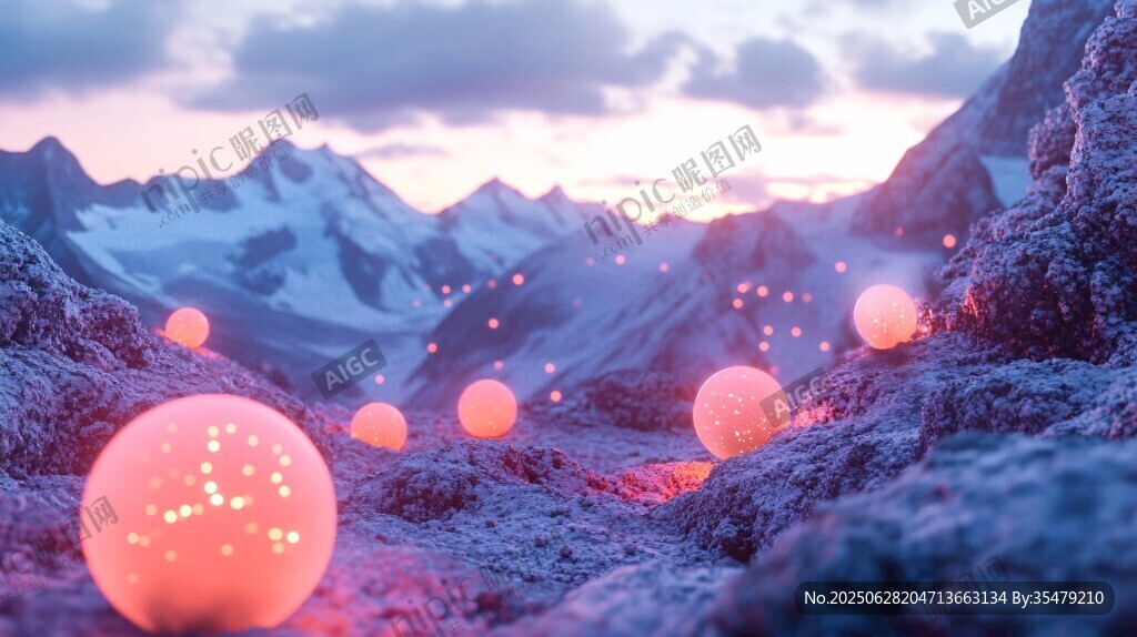 夢幻山間發光球體景觀
