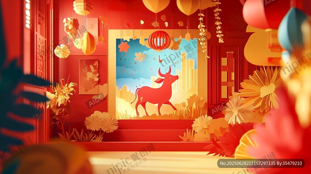 牛年新春室內(nèi)喜慶場(chǎng)景
