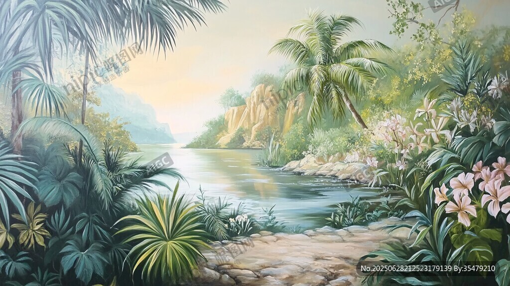 熱帶河畔風(fēng)光手繪美景