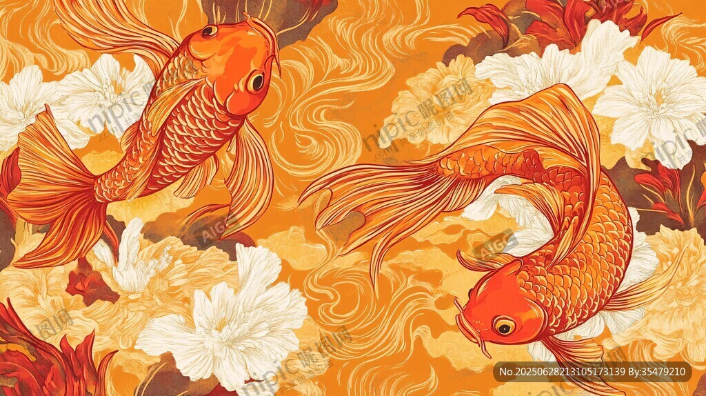 雙金魚戲繁花國風(fēng)圖案
