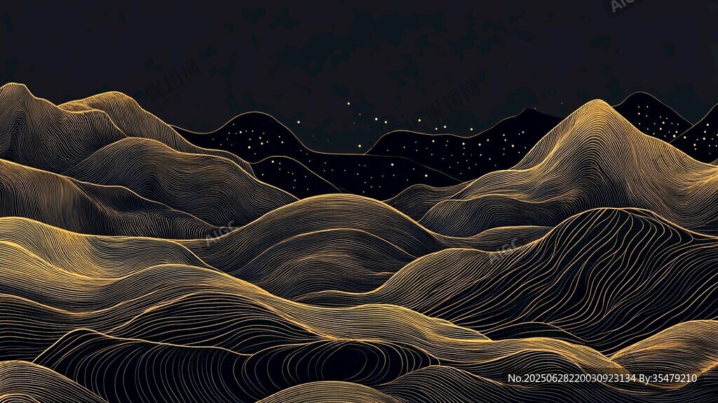 金色山巒夜景抽象插畫