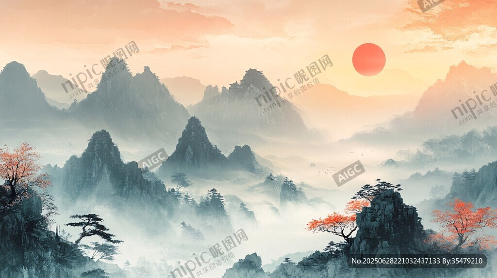 日出群山間 水墨山水景