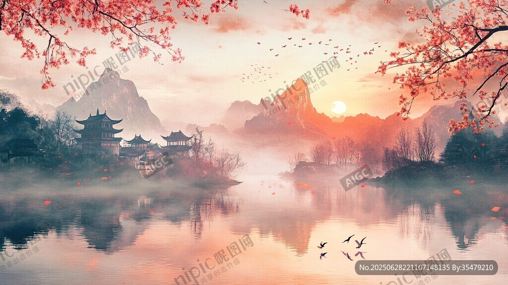 夕陽下的山水詩意景致