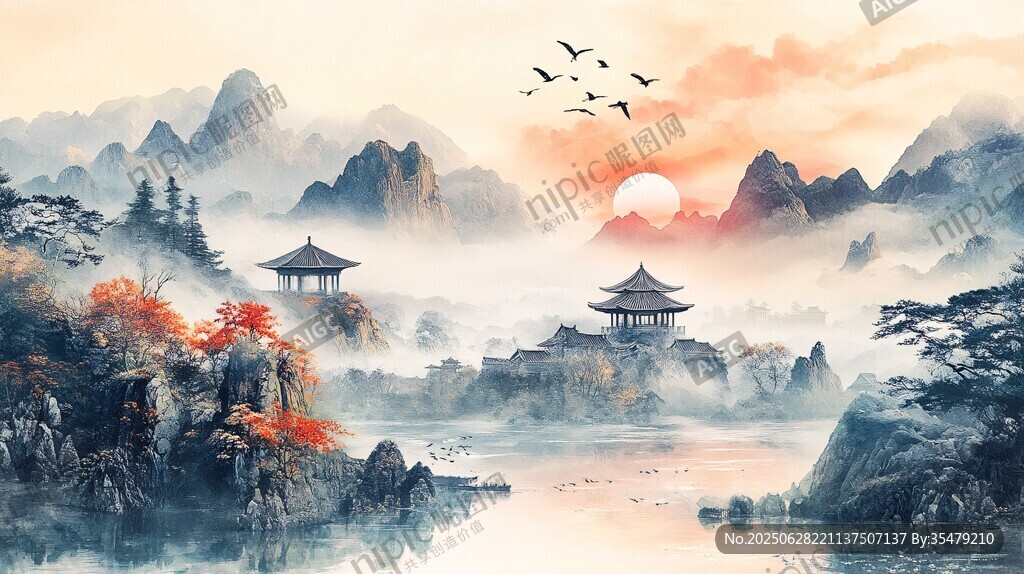 水墨山水間的詩意黃昏