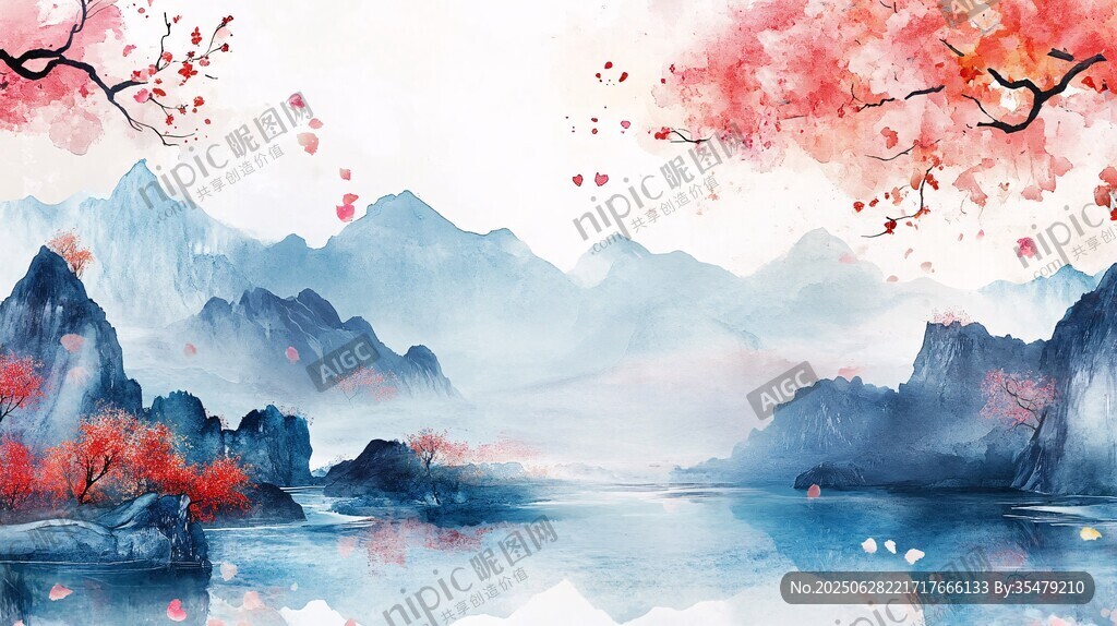 水墨山水間的爛漫櫻花景