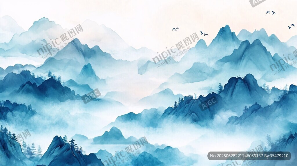 水墨群山飛鳥詩意風(fēng)景