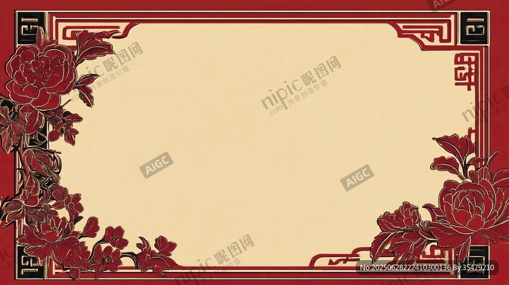 中式古典紅牡丹邊框背景