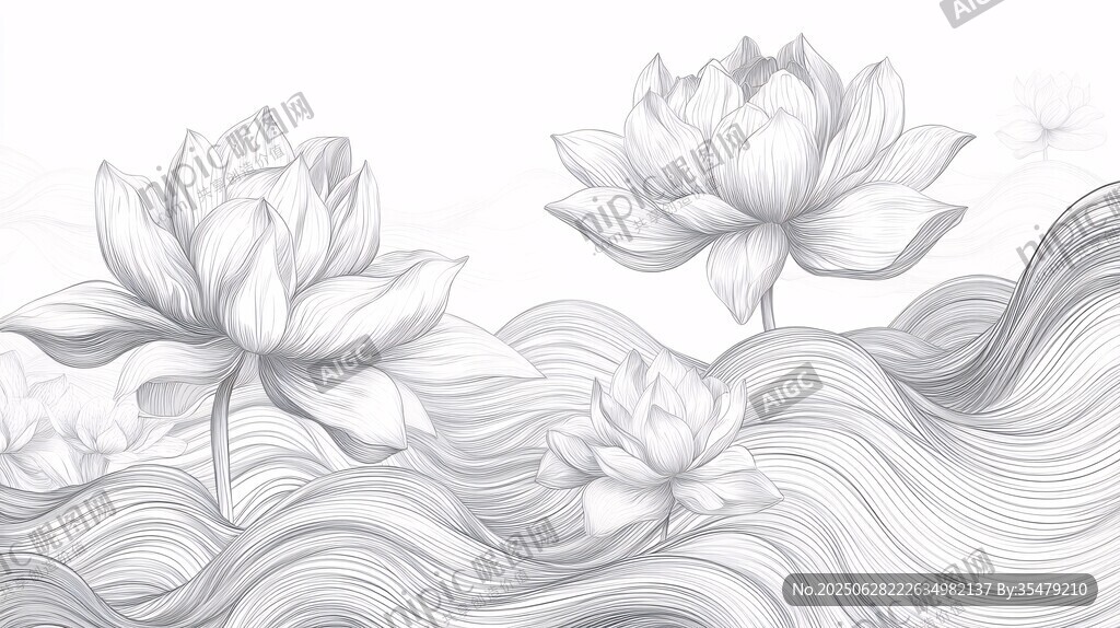 水墨風蓮花與波浪線條畫