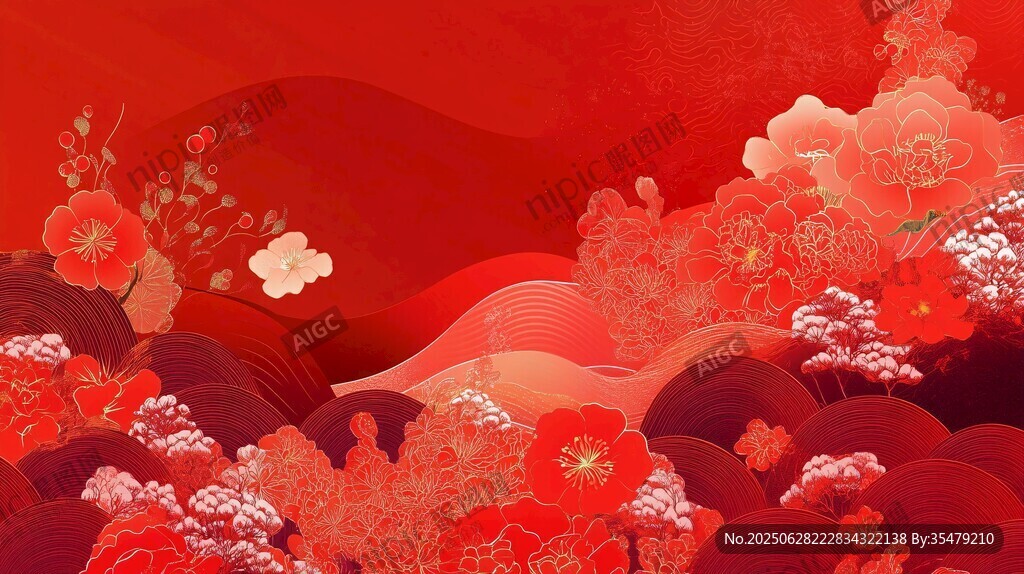 喜慶中式繁花紅色背景圖