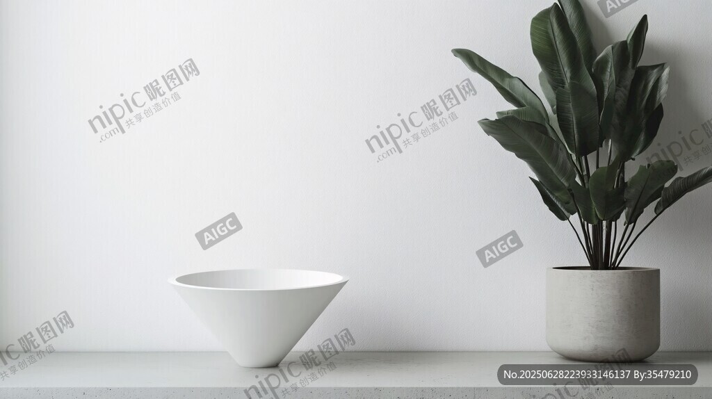 簡約白墻下的碗與綠植