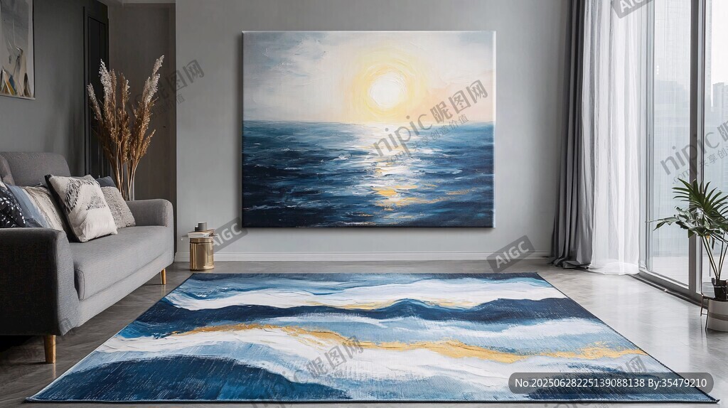 海景掛畫搭配海洋風地毯