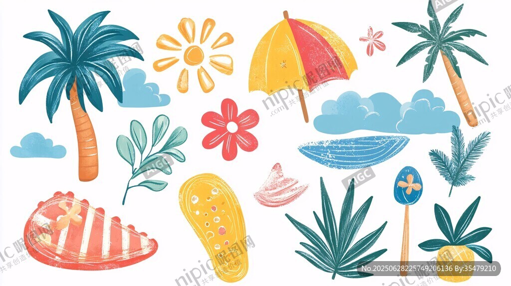 夏日海灘元素插畫集合