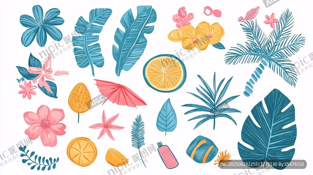 夏日熱帶風植物元素插畫