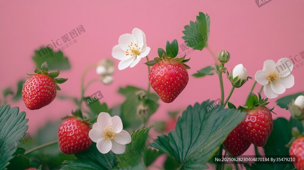 粉色背景下的草莓與白花