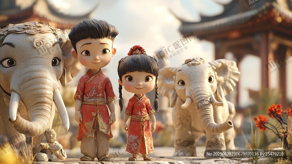 古裝孩童與大象的奇幻場(chǎng)景