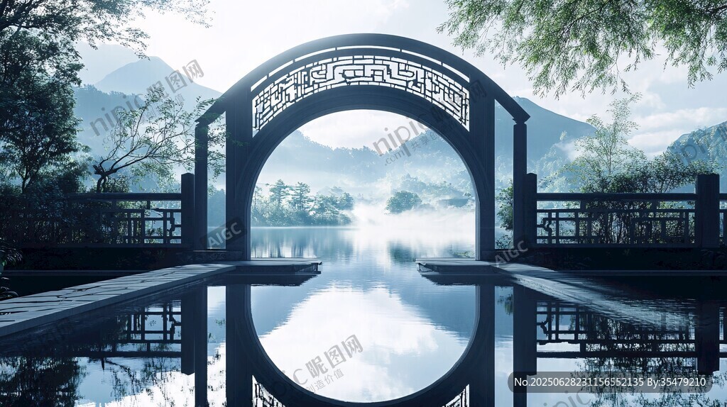 中式園林拱橋山水倒影圖