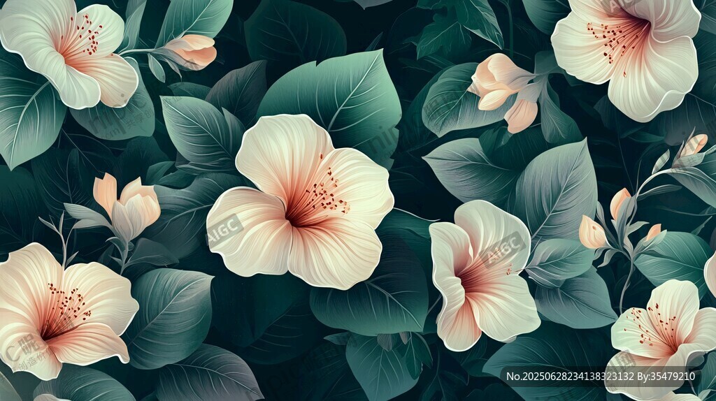 復古風芙蓉花綠葉圖案