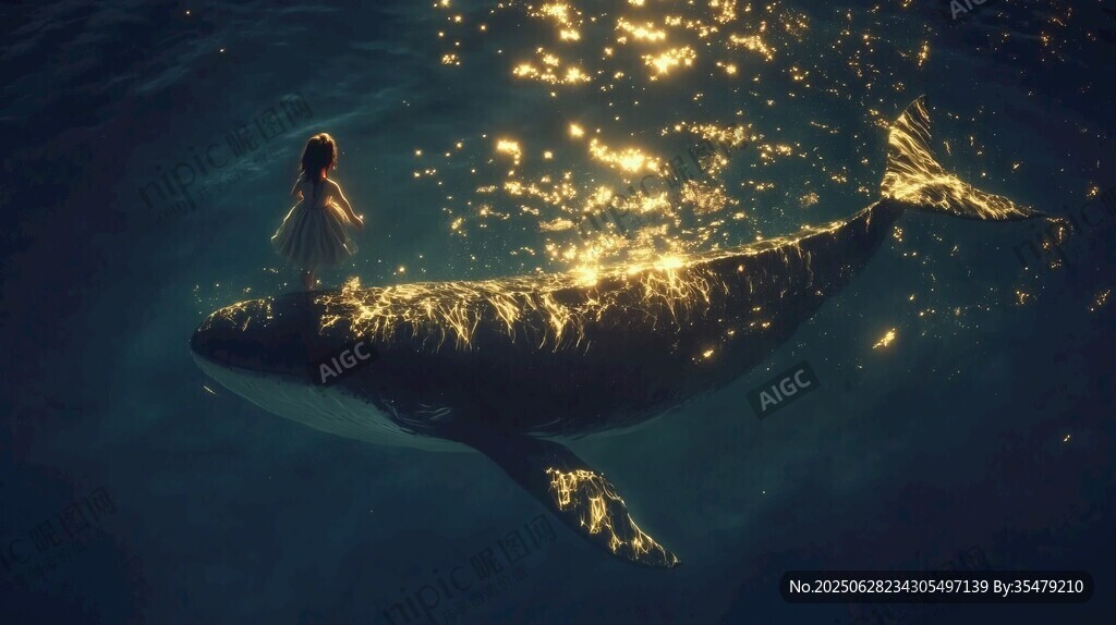 少女與發光鯨魚奇幻場景