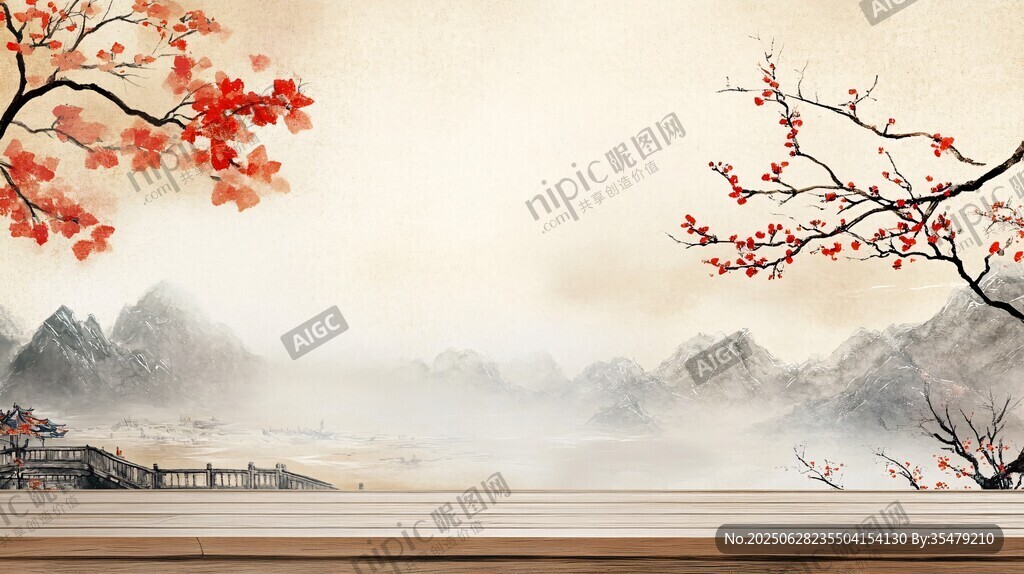 水墨秋景山水詩意畫卷