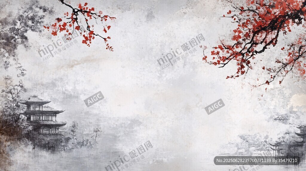 水墨古風(fēng)景 紅枝映樓閣