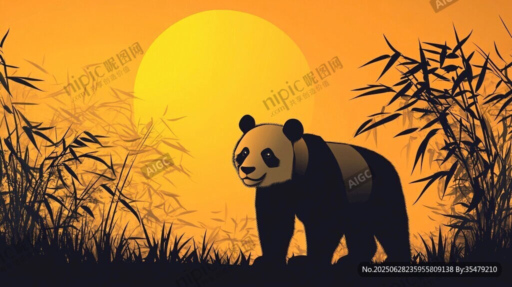 夕陽下的熊貓與竹林