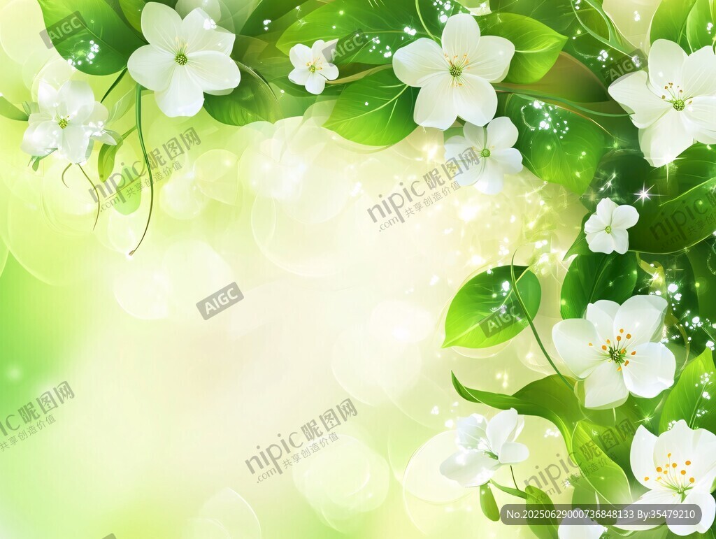 清新白花綠葉夢幻背景圖